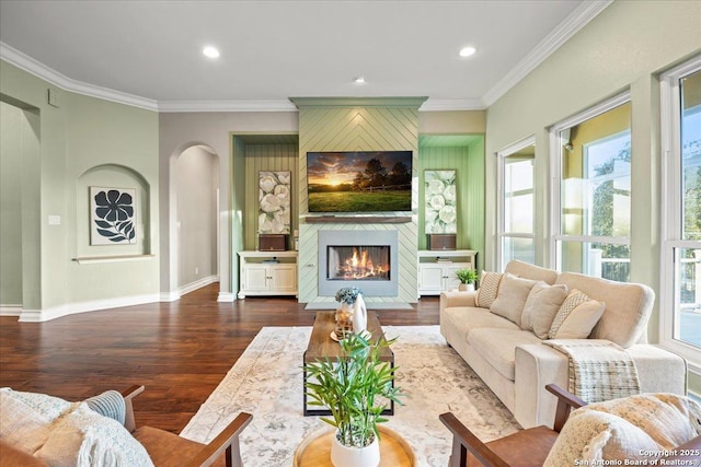 living room featuring baseboards, a large fireplace, dark wood-style flooring, and crown molding