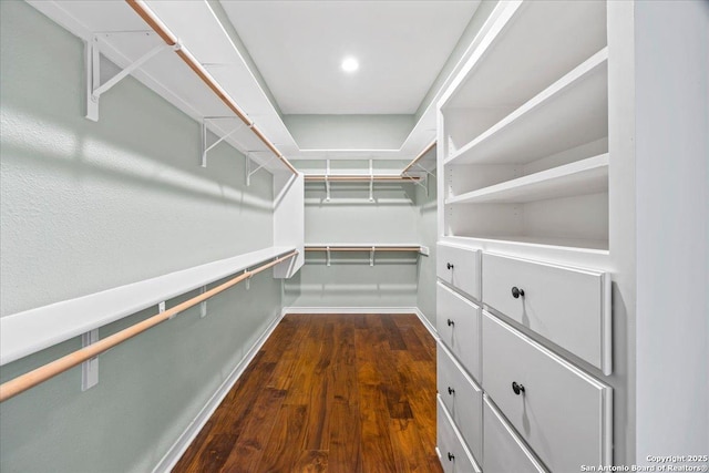 spacious closet with dark wood-style floors