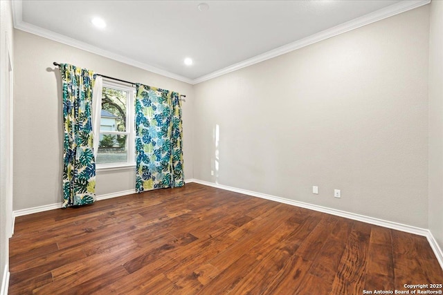 unfurnished room featuring recessed lighting, ornamental molding, baseboards, and wood finished floors