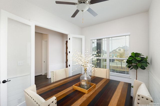 dining space featuring ceiling fan