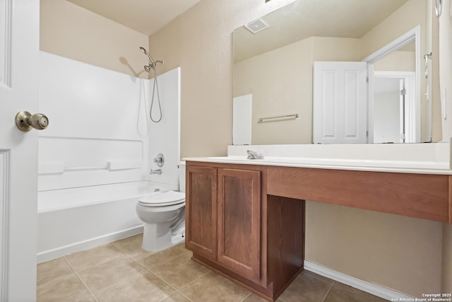 bathroom featuring vanity, visible vents, tile patterned floors, toilet, and shower / bathtub combination