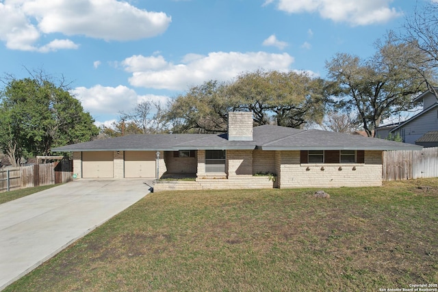 ranch-style house featuring a front lawn, an attached garage, fence, and a chimney