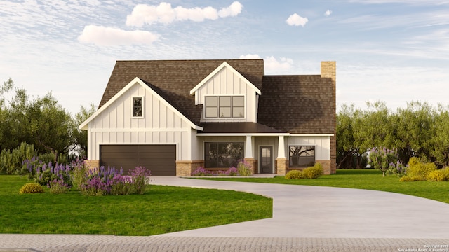 view of front facade featuring a front lawn, board and batten siding, concrete driveway, roof with shingles, and brick siding