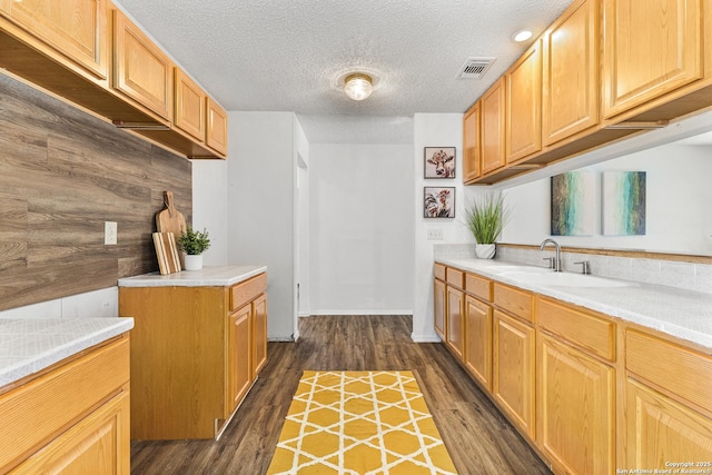 kitchen with visible vents, dark wood-style flooring, a sink, light countertops, and a textured ceiling