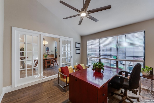 office space with french doors, dark wood-type flooring, a ceiling fan, and vaulted ceiling