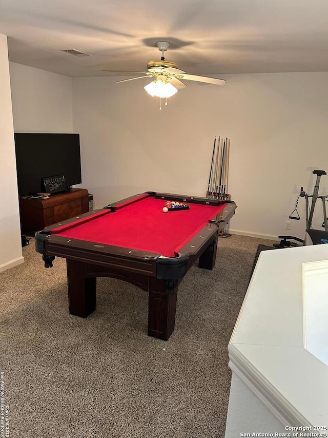 rec room with billiards, a ceiling fan, visible vents, baseboards, and carpet flooring