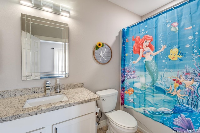 full bathroom with shower / bathtub combination with curtain, toilet, and vanity