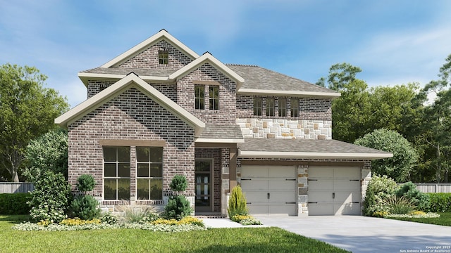 view of front of property featuring brick siding, driveway, and a shingled roof