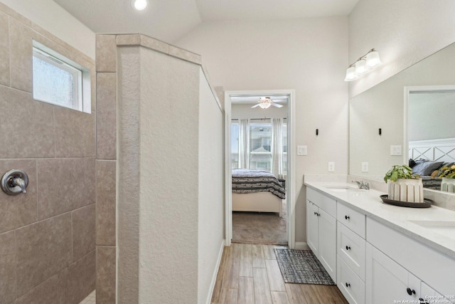 ensuite bathroom featuring vaulted ceiling, wood finished floors, ensuite bathroom, and a sink