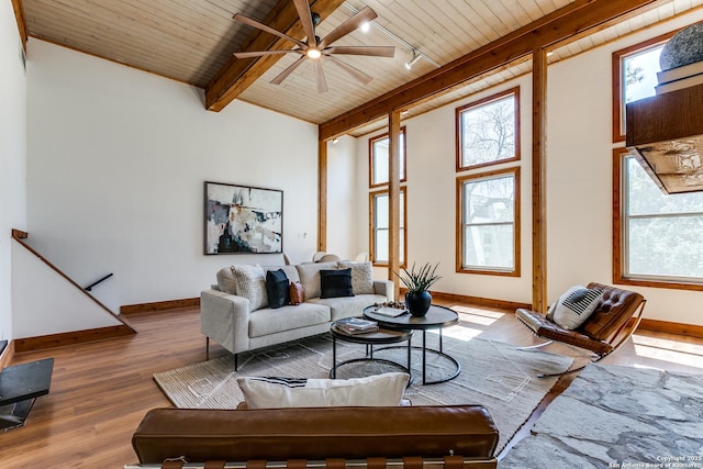 living area with wood finished floors, high vaulted ceiling, beam ceiling, rail lighting, and wooden ceiling