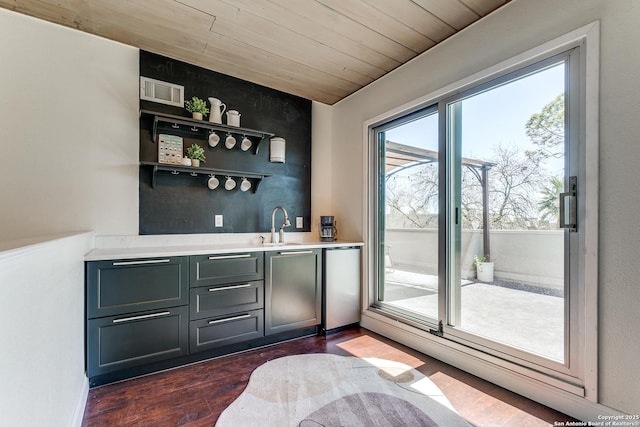 bar featuring visible vents, dark wood finished floors, refrigerator, a sink, and wood ceiling