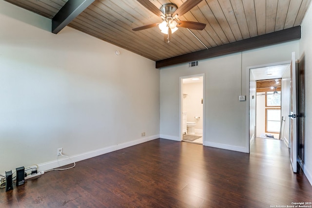 unfurnished bedroom with baseboards, visible vents, dark wood-type flooring, wooden ceiling, and beamed ceiling