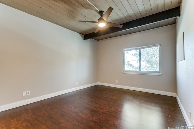 empty room with beam ceiling, baseboards, dark wood-style flooring, and ceiling fan