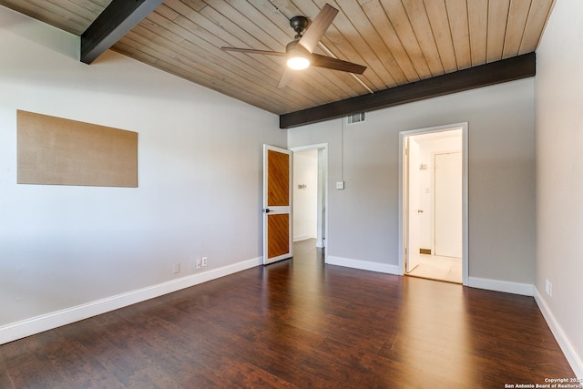 unfurnished bedroom with visible vents, beamed ceiling, baseboards, and wood finished floors