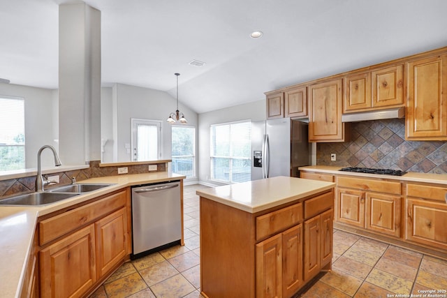 kitchen featuring tasteful backsplash, under cabinet range hood, vaulted ceiling, appliances with stainless steel finishes, and a sink