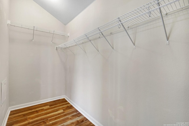 walk in closet featuring vaulted ceiling and wood finished floors