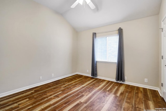 unfurnished room featuring baseboards, a ceiling fan, lofted ceiling, and wood-type flooring