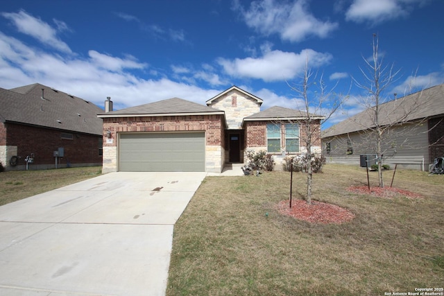 single story home with a garage, brick siding, and a front lawn