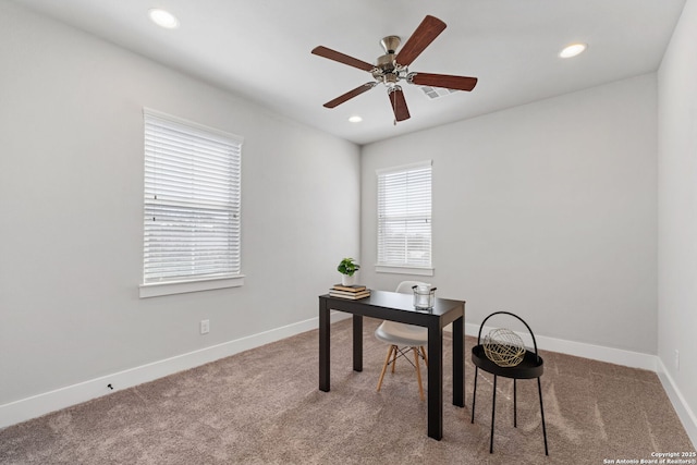 office with recessed lighting, ceiling fan, baseboards, and carpet floors