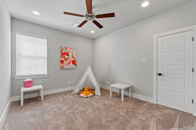 game room with recessed lighting, baseboards, a ceiling fan, and carpet flooring