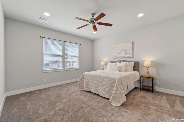 bedroom with recessed lighting, visible vents, baseboards, and carpet flooring