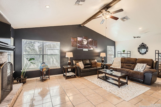 tiled living room featuring lofted ceiling with beams, a fireplace, visible vents, and baseboards