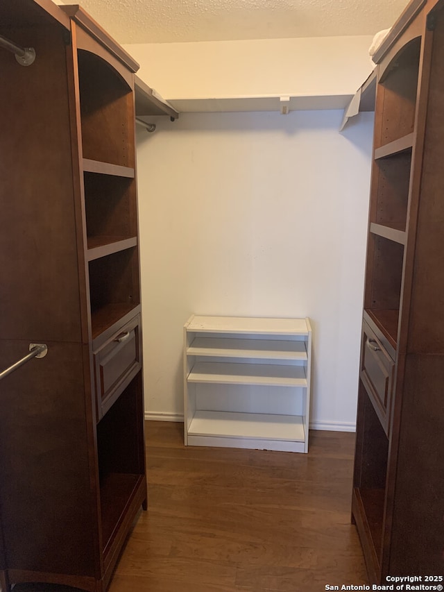 walk in closet with dark wood finished floors