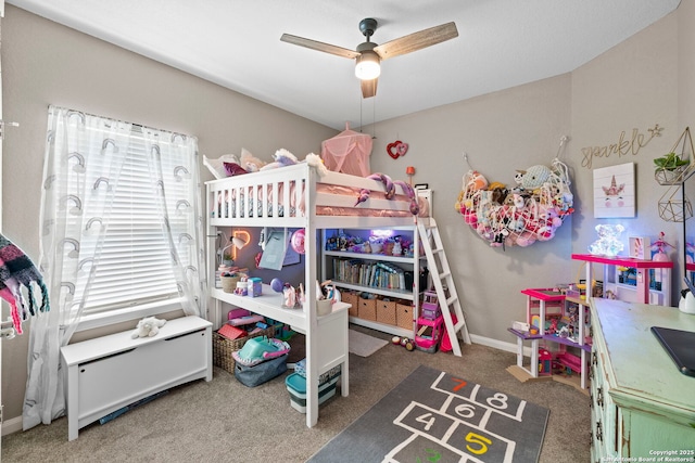 bedroom featuring carpet flooring, ceiling fan, and baseboards