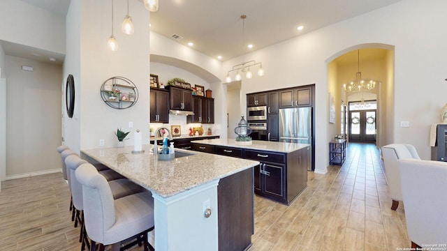 kitchen with a high ceiling, light wood-style flooring, a sink, dark brown cabinets, and appliances with stainless steel finishes