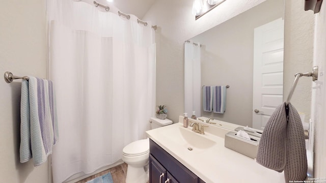 bathroom with toilet, vanity, and a shower with curtain