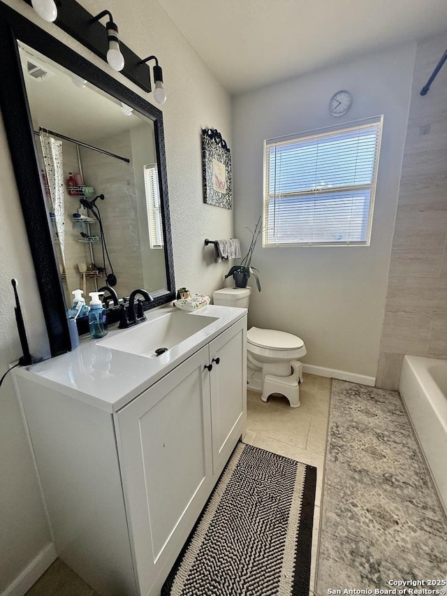 bathroom featuring a bathing tub, toilet, walk in shower, and vanity