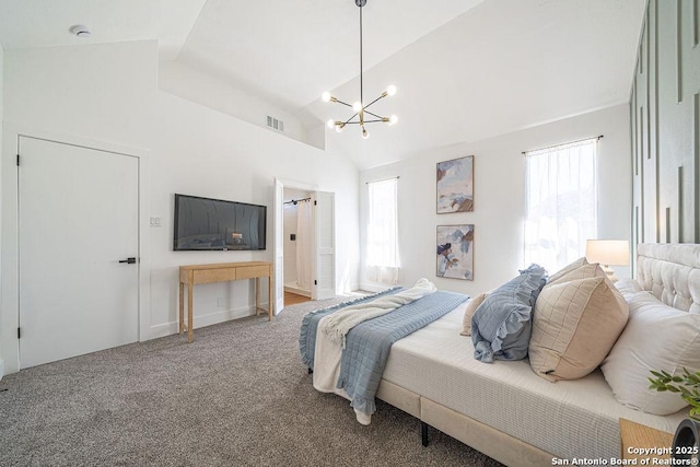 carpeted bedroom featuring a chandelier, visible vents, and high vaulted ceiling