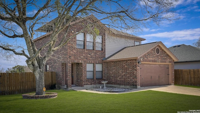 traditional-style home with a front yard, an attached garage, and brick siding