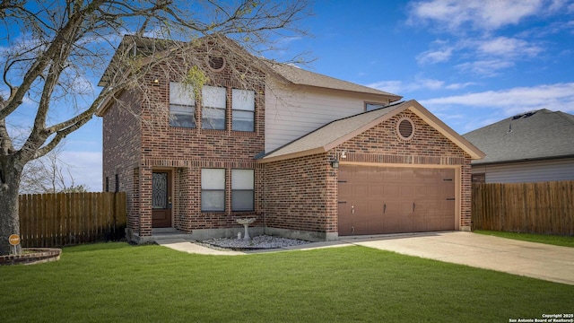 traditional-style home with a front lawn, fence, concrete driveway, an attached garage, and brick siding