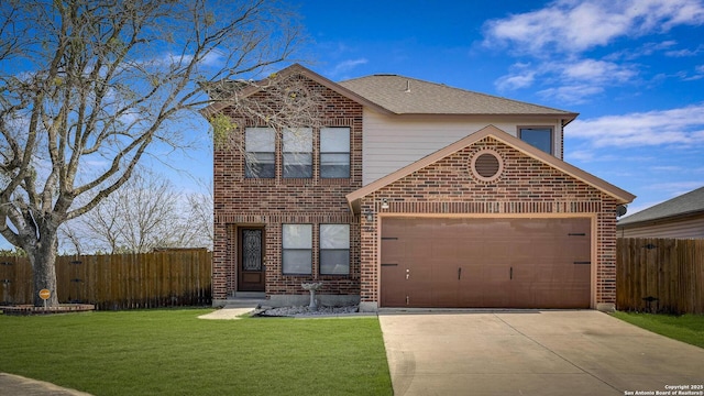 traditional home featuring a front lawn, fence, concrete driveway, an attached garage, and brick siding