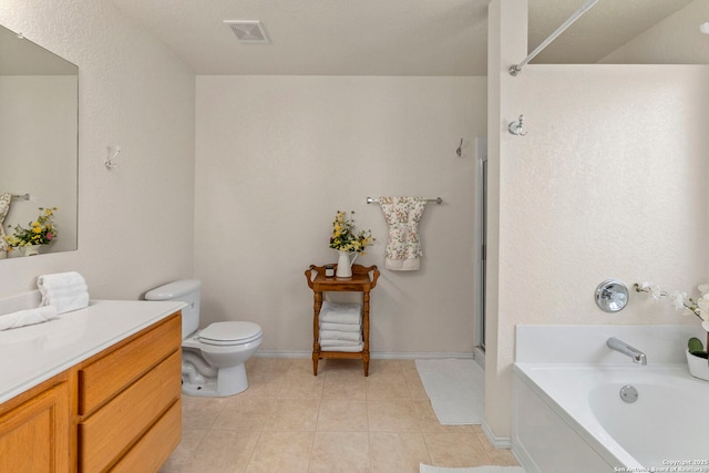 bathroom with visible vents, toilet, a bath, an enclosed shower, and vanity