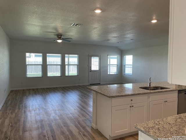 kitchen featuring white cabinetry, visible vents, open floor plan, and a sink