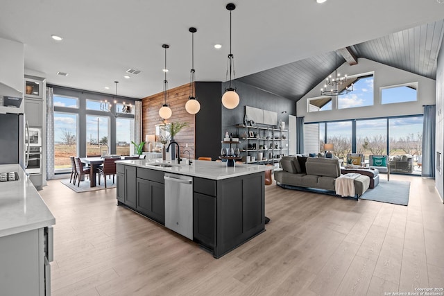 kitchen with light wood-style flooring, a notable chandelier, appliances with stainless steel finishes, and a sink