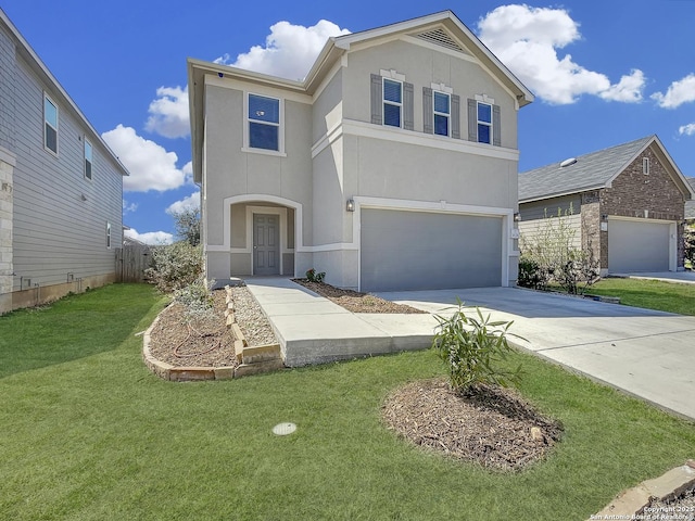 view of front of property with stucco siding, driveway, an attached garage, and a front yard