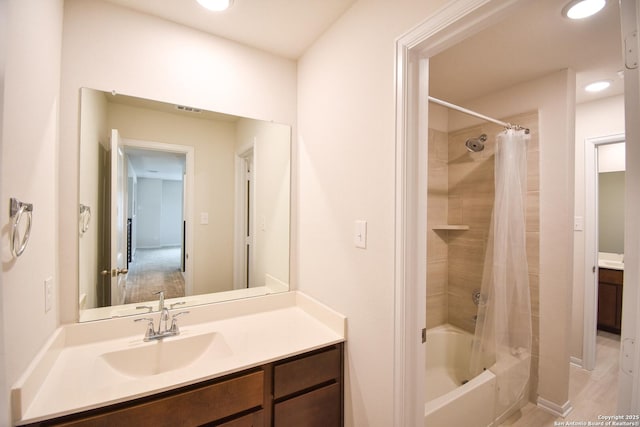 full bathroom featuring recessed lighting, visible vents, shower / bathtub combination with curtain, and vanity