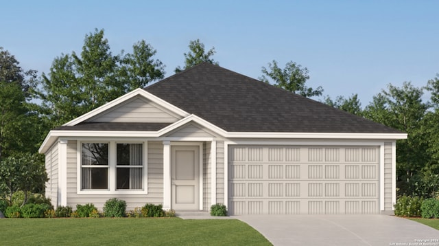 ranch-style home with concrete driveway, an attached garage, a front lawn, and roof with shingles