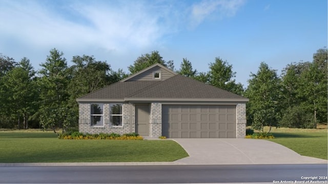 view of front of home featuring a garage, brick siding, concrete driveway, and a front lawn