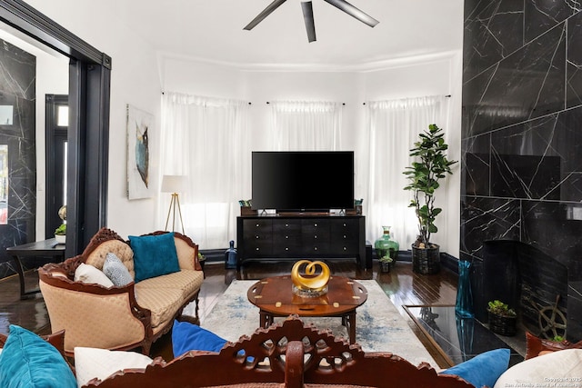 living area featuring a ceiling fan, wood finished floors, a wealth of natural light, and a premium fireplace