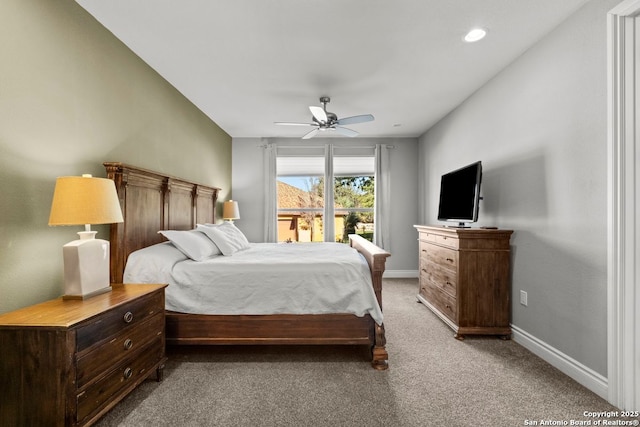 bedroom featuring recessed lighting, a ceiling fan, baseboards, and light carpet