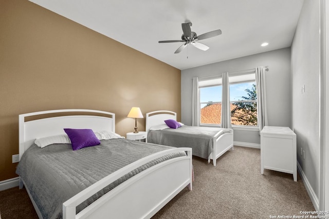 bedroom with recessed lighting, baseboards, carpet floors, and a ceiling fan