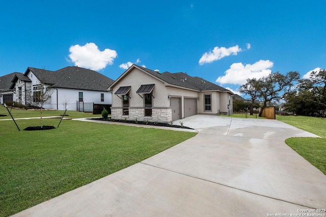 view of front facade featuring a front lawn, concrete driveway, a garage, and stucco siding