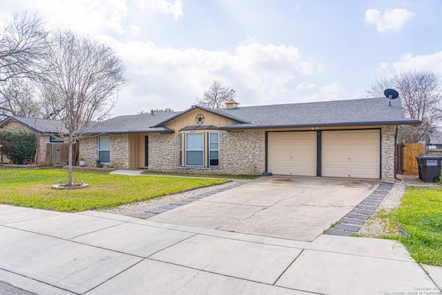 ranch-style house with a front lawn, fence, concrete driveway, a chimney, and a garage