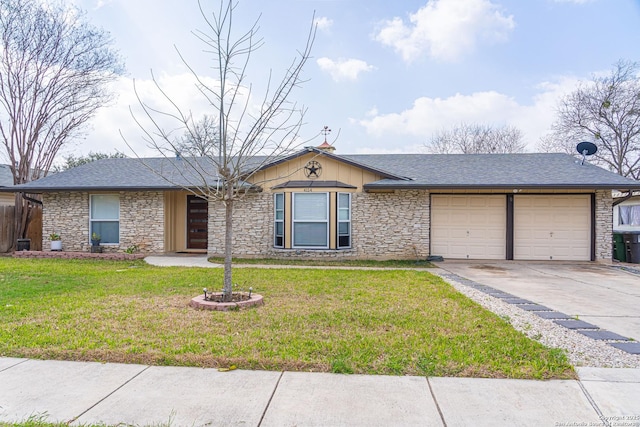 single story home featuring roof with shingles, board and batten siding, concrete driveway, a front yard, and a garage