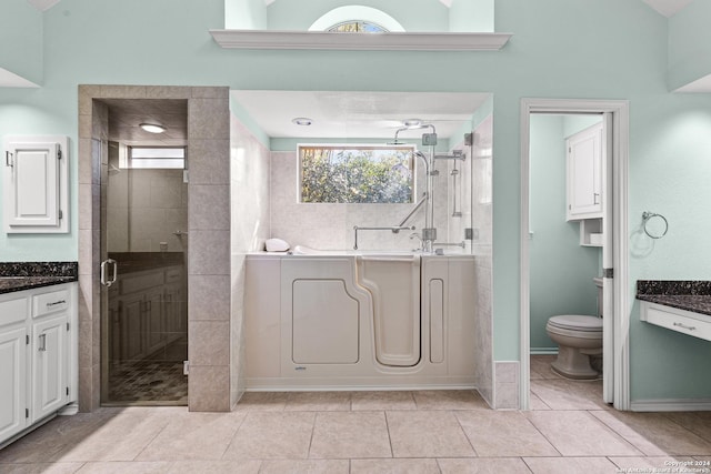 bathroom with vanity, toilet, a shower stall, tile patterned floors, and a bath