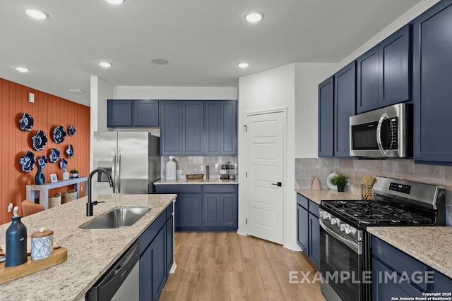 kitchen featuring a sink, stainless steel appliances, decorative backsplash, and light wood finished floors